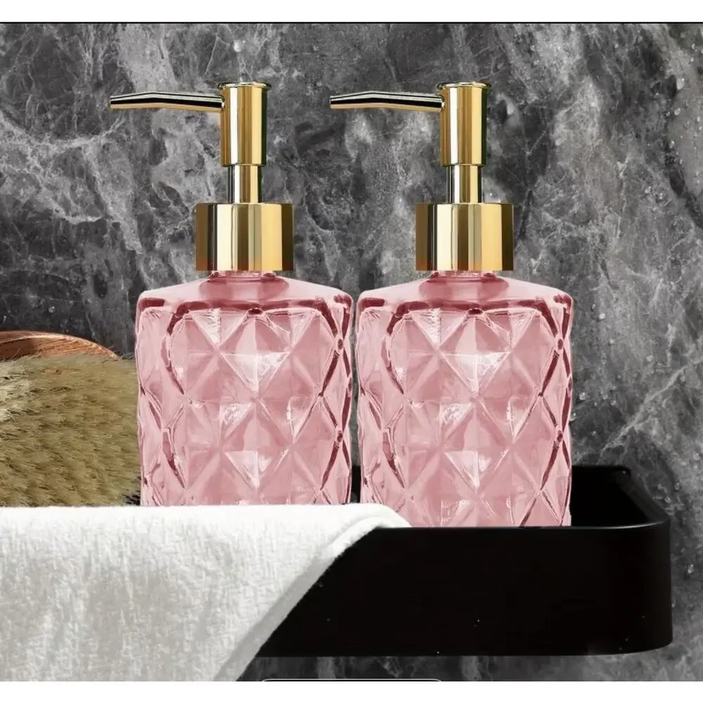11.16 Ounce Glass Diamond Pink With Gold Top Soap Dispensers 2 Pack New